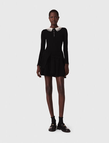 Short beaded-collar knit dress : Dresses color Black