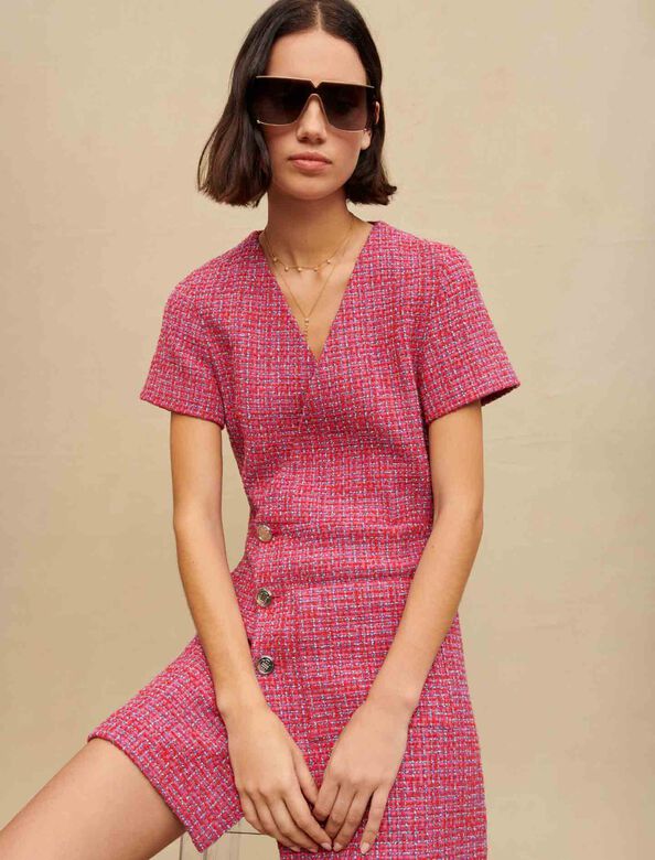 Short tweed dress with open back : Dresses color Fuchsia