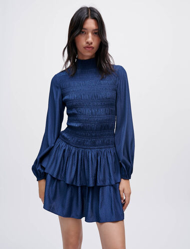 Smocked flowing satin dress with ruffles : Dresses color Navy