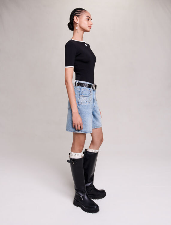 Flared denim shorts with rhinestones - Skirts & Shorts - MAJE