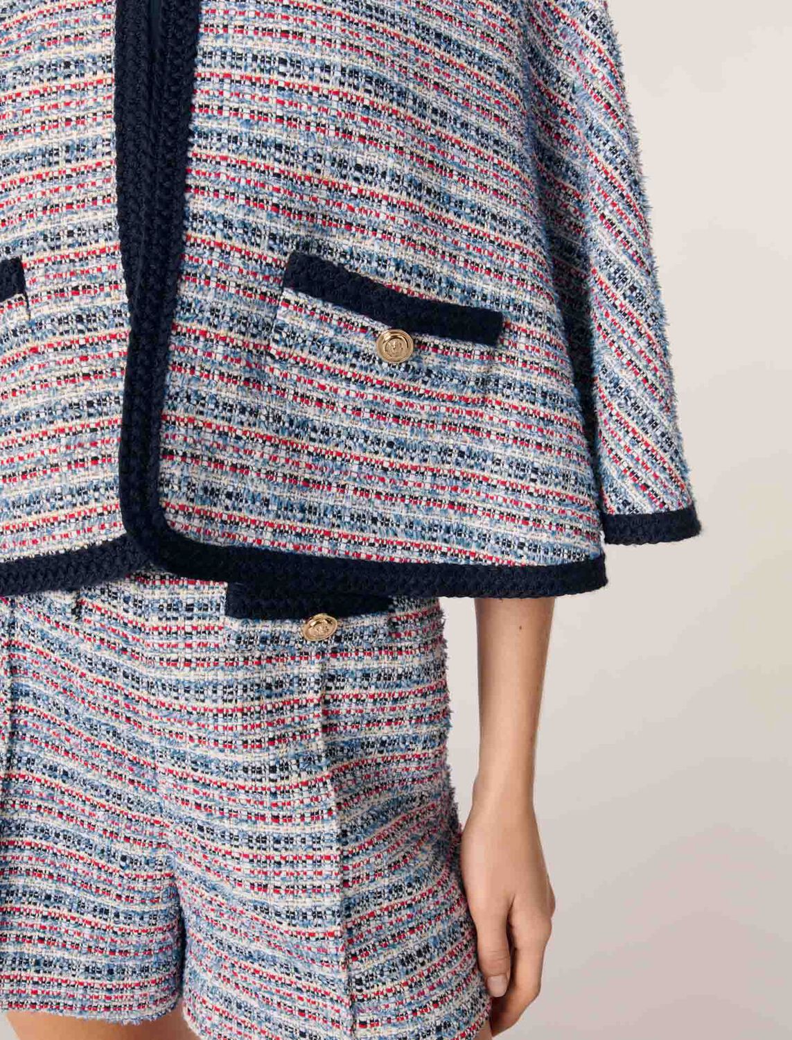 Tweed cape with contrasting trim : Coats color Blue / Red