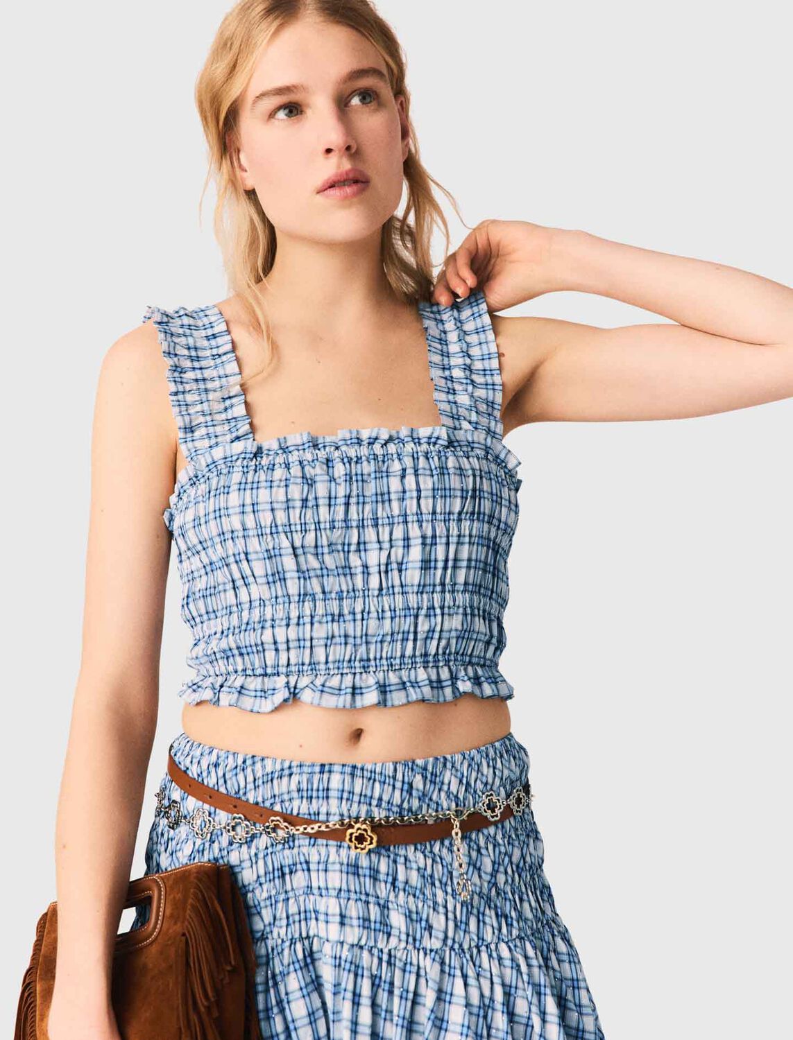 Smocked rhinestone cotton top : Tops color Blue check print