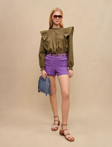 Embroidered cotton top with ruffles : Tops color Khaki