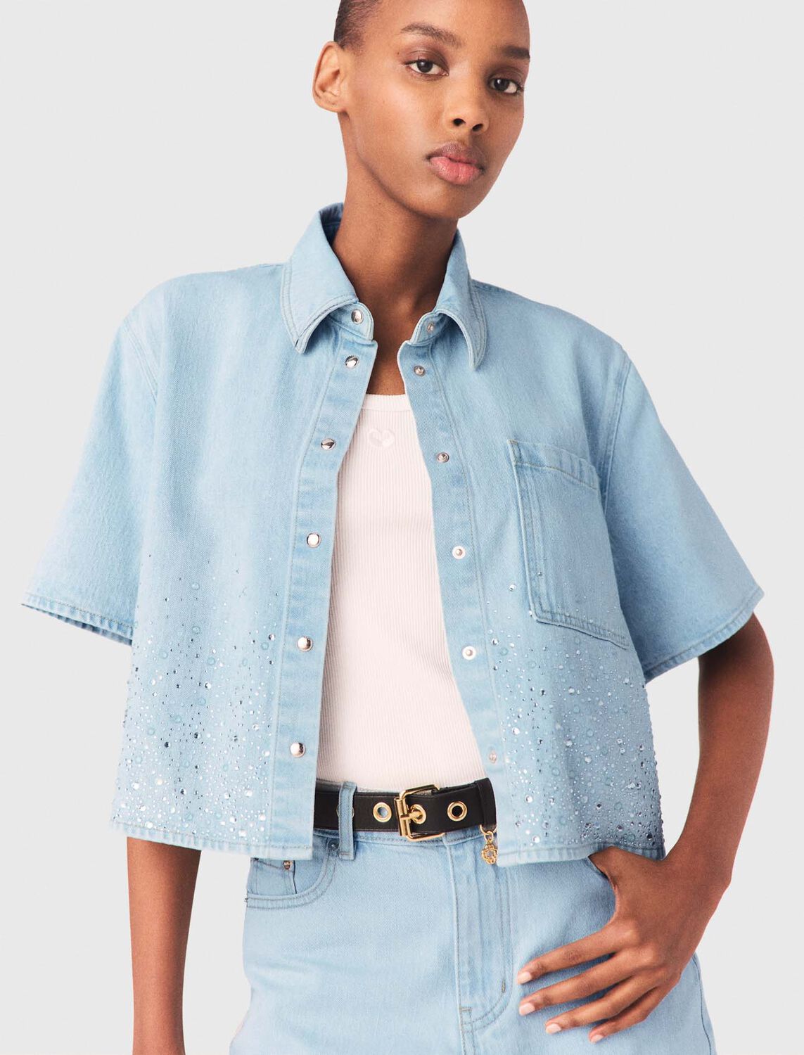 Cropped rhinestone denim shirt : Shirts color Blue Sky