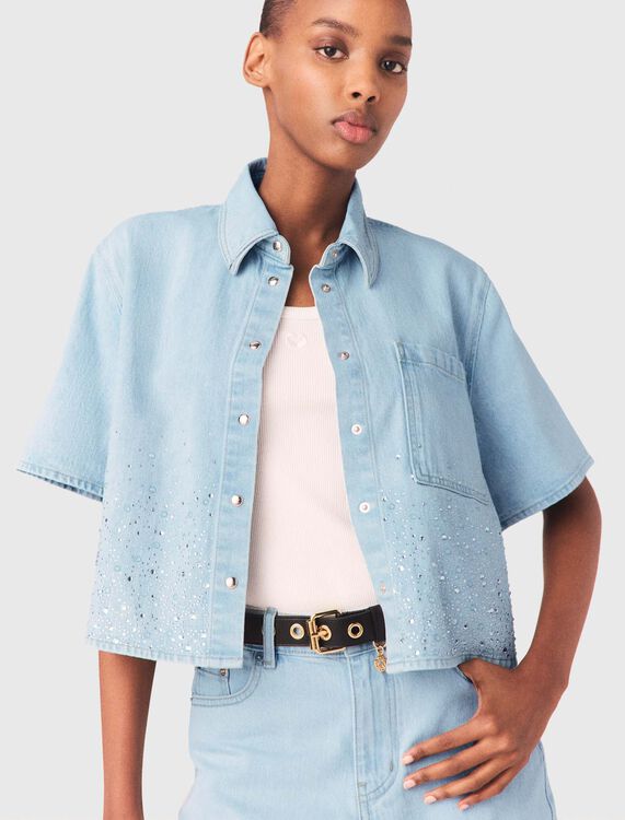 Cropped rhinestone denim shirt - Shirts - MAJE