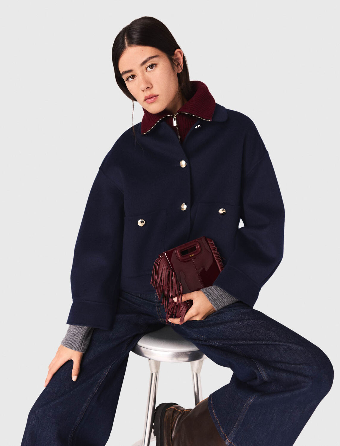 Cropped wool jacket : Coats color Navy