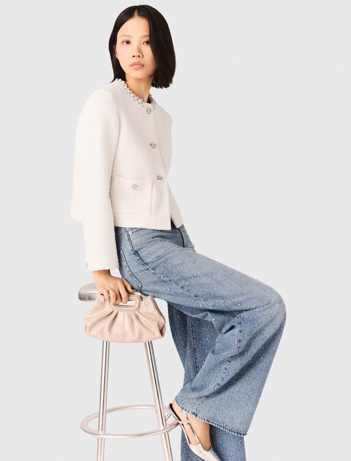 Pearl-trimmed tweed jacket - Blazers & Jackets - MAJE