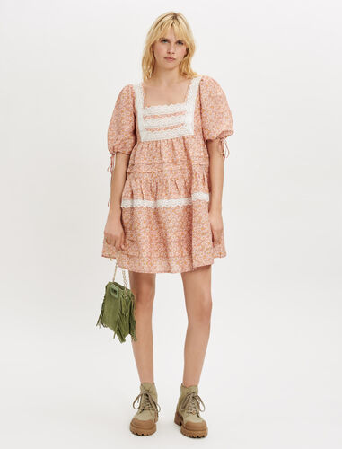 Printed dress with lace braiding : Dresses color Pink daisy