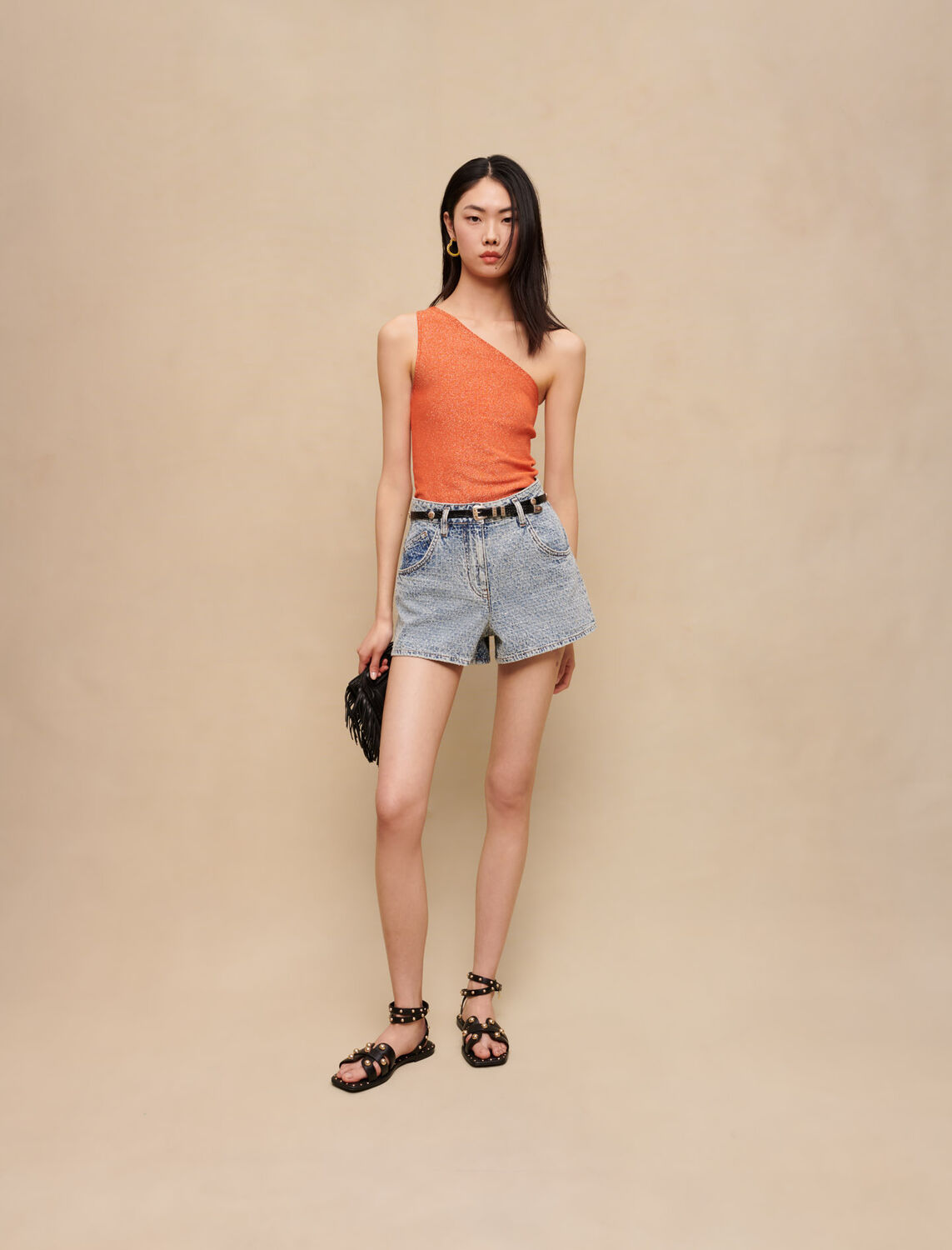 Diamanté and jacquard denim shorts - Pink Valentine - MAJE