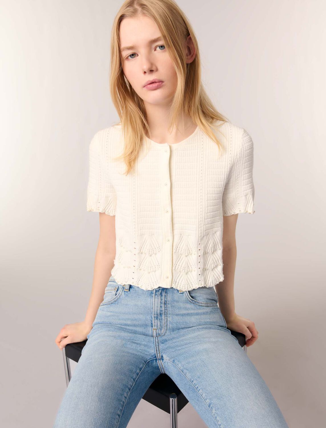 Beaded pointelle knit cardigan : Sweaters & Cardigans color Blue Sky