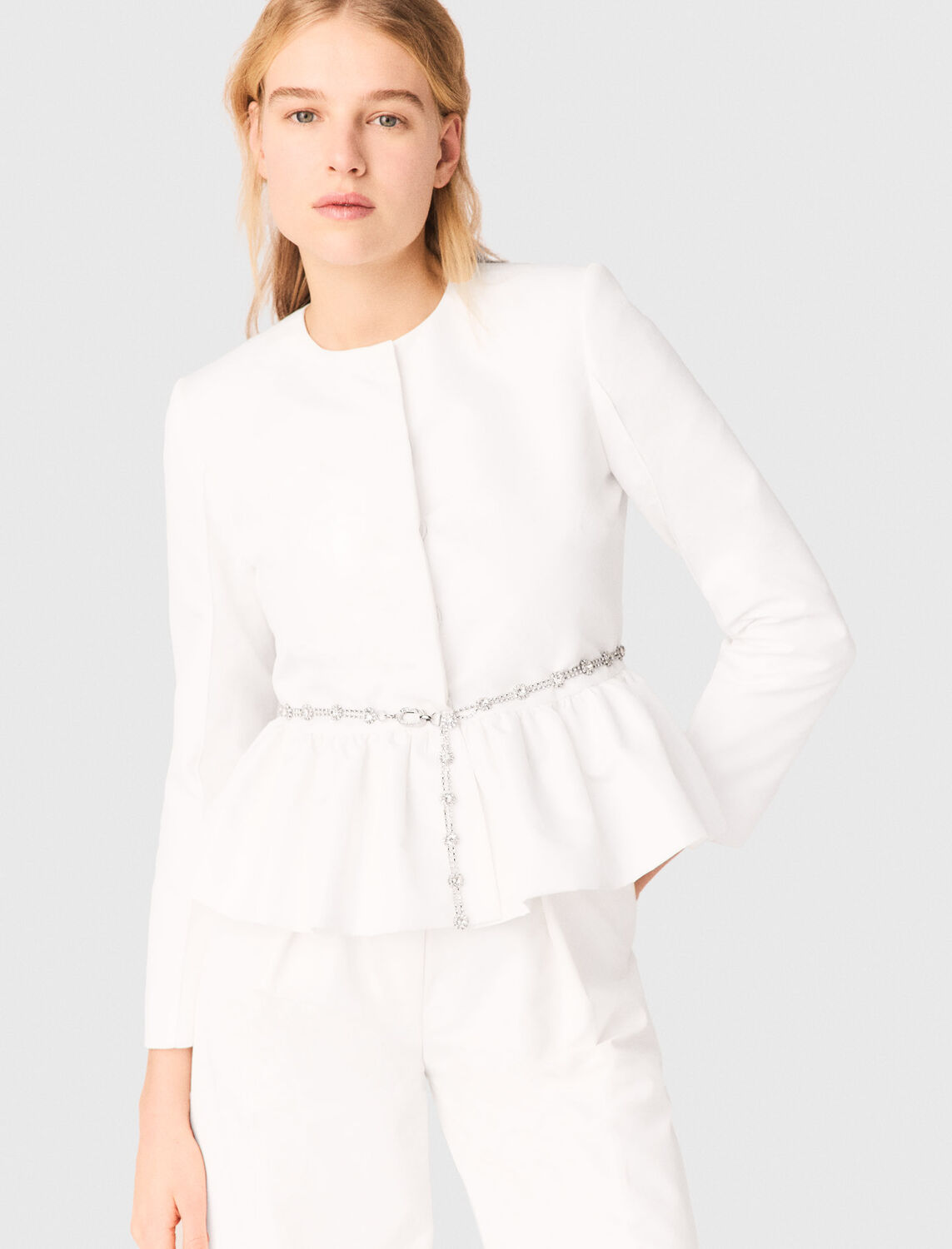 Cropped jacket with jewelled belt : Blazers & Jackets color White