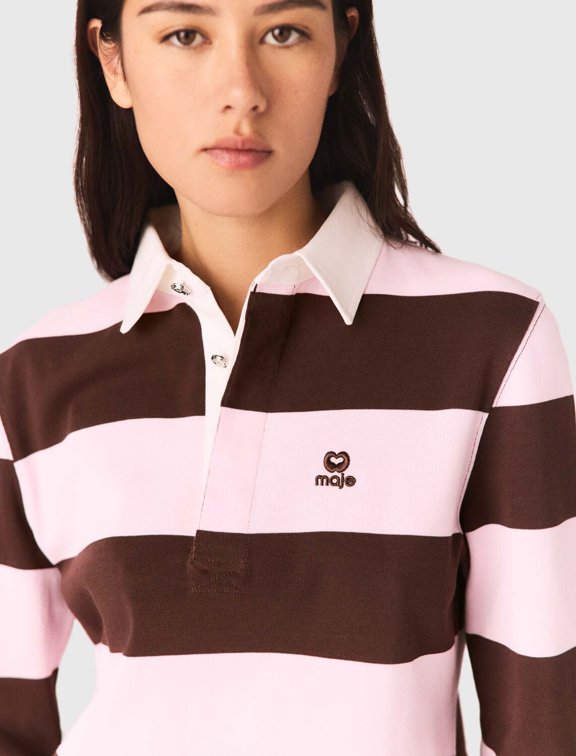 Striped polo sweatshirt : Tops color Brown/Pink