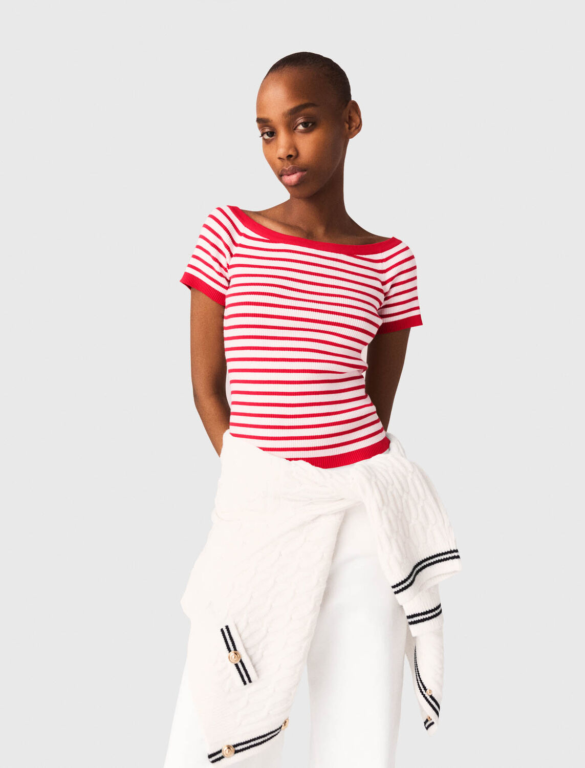 Striped knit top with boat neck : Sweaters & Cardigans color Red
