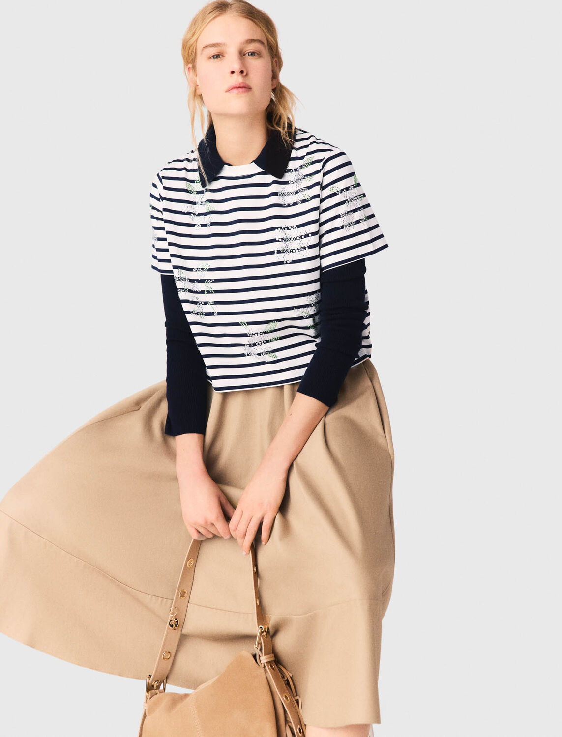 Striped rhinestone flower T-shirt : T-Shirts color White