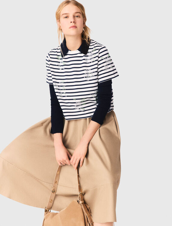 Striped rhinestone flower T-shirt - T-Shirts - MAJE