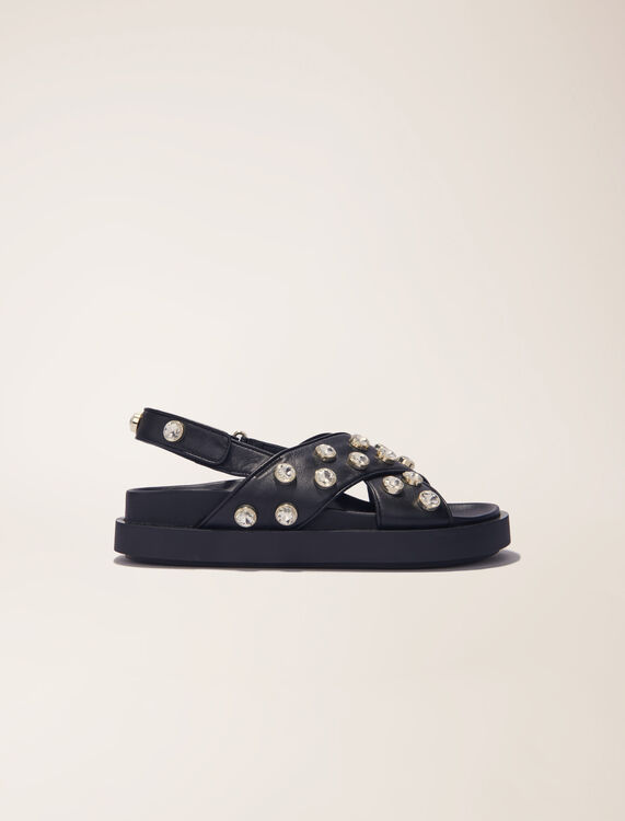 Flat leather and rhinestone sandals : Sling-Back & Sandals color Black