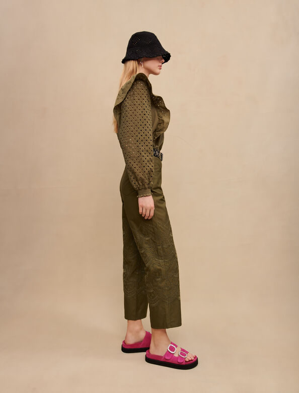 Embroidered cotton trousers : Trousers & Jeans color Khaki