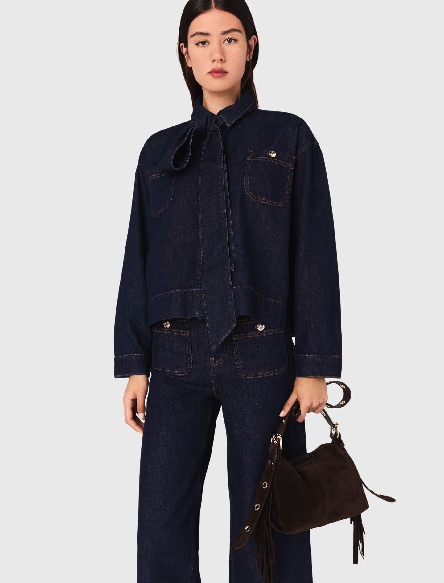 125CIPASS Denim shirt with pussy bow - Shirts - Maje.com