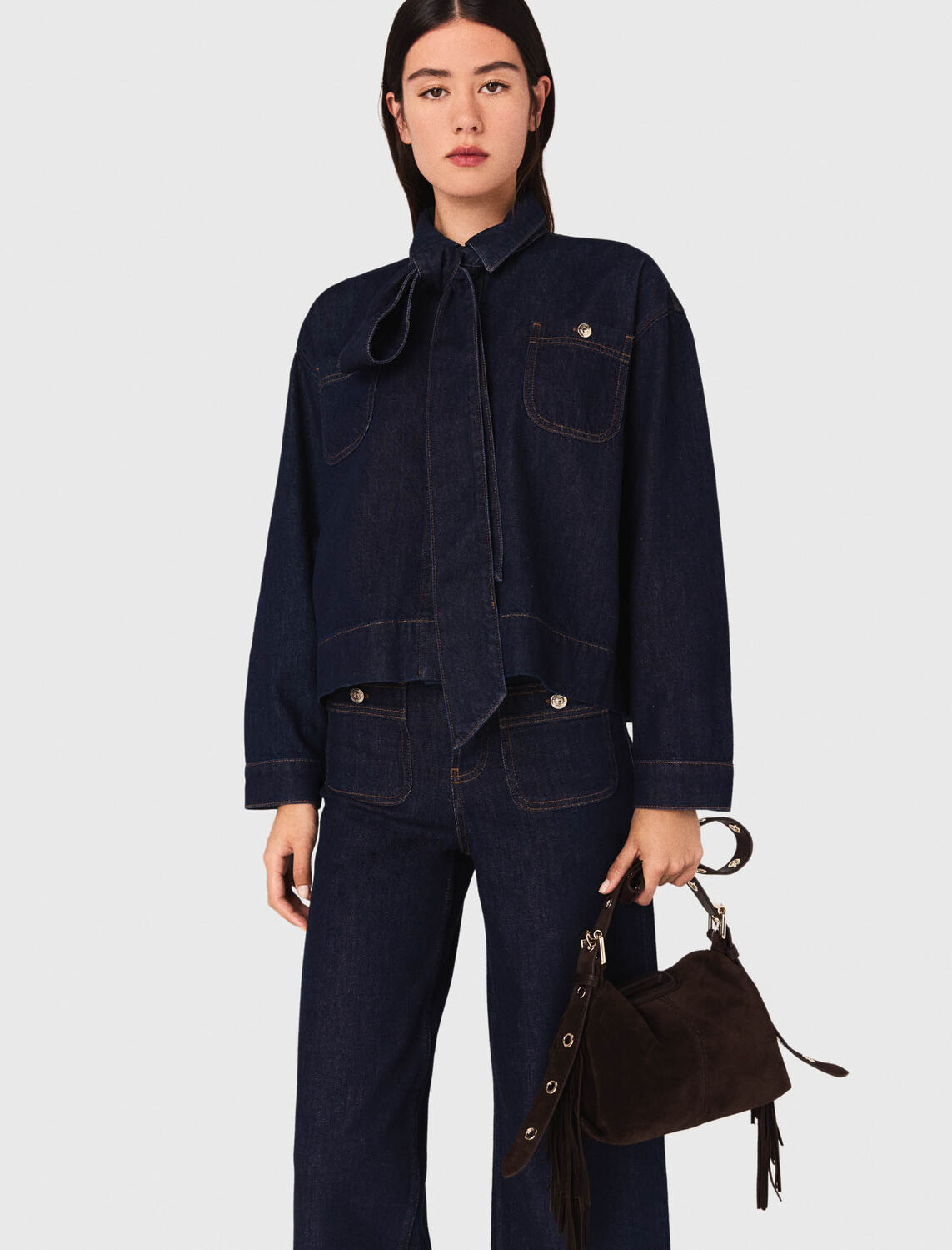 Denim shirt with pussy bow : Shirts color Navy