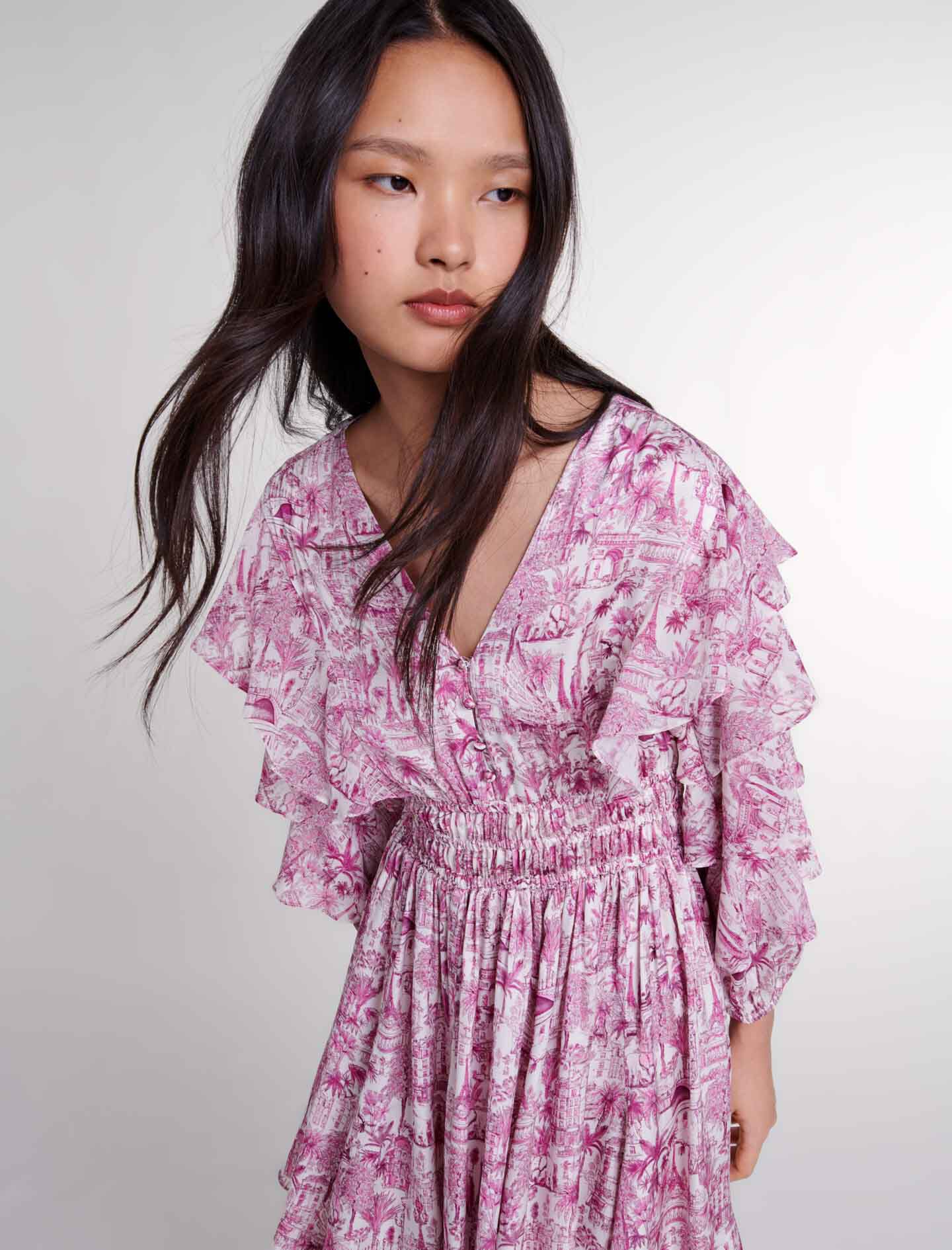 124RIOULY Patterned ruffled dress Dresses Maje