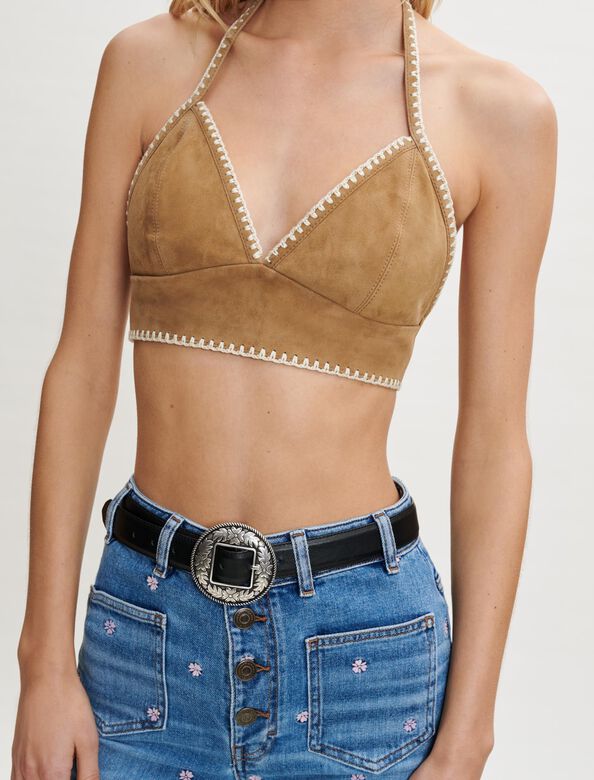 Suede crop top with crochet trim : View All color 