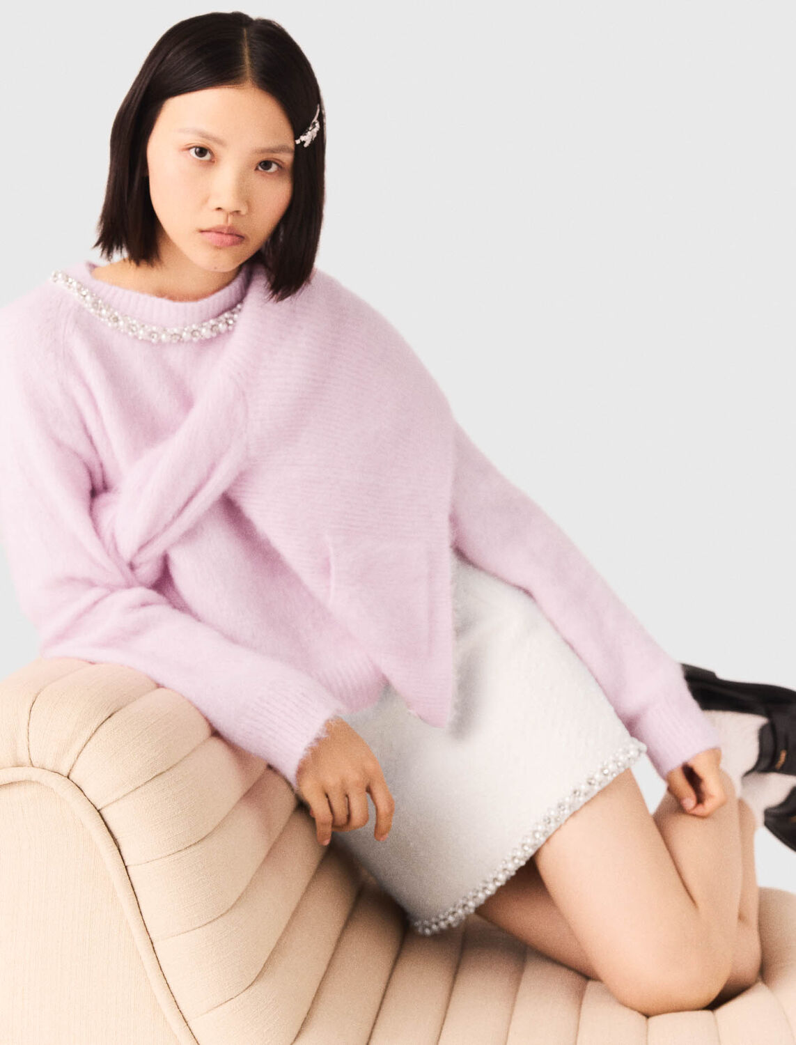 Pearl-trim tweed skirt : Skirts & Shorts color Ecru