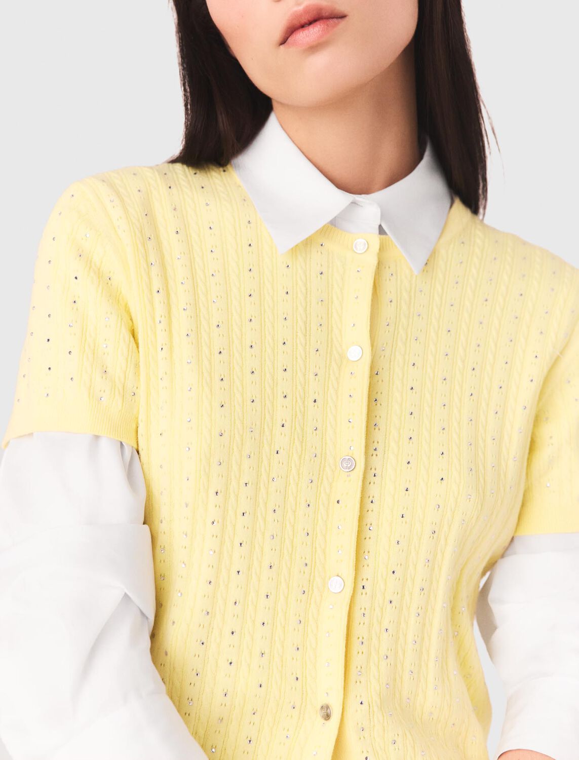 Cardigan with rhinestone neck : Sweaters & Cardigans color Yellow