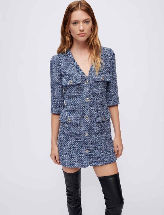 Short tweed dress with accentuated waist : Dresses color Blue