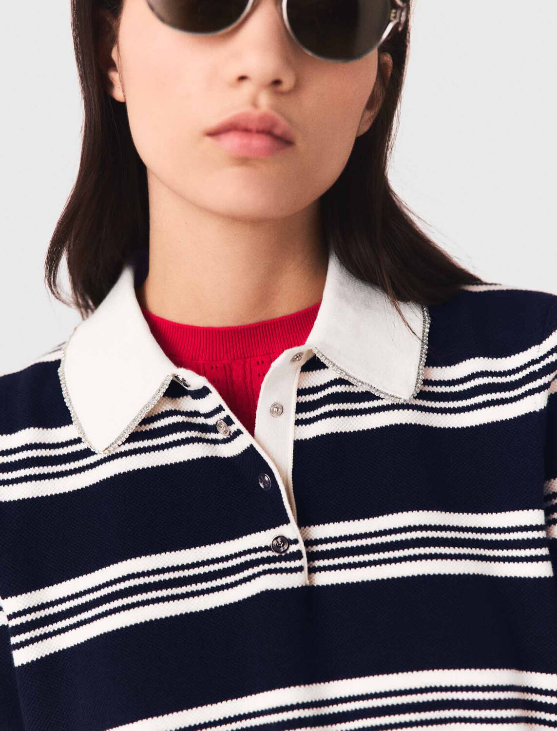 Striped polo with rhinestone collar : Sweaters & Cardigans color Ecru/Navy Blue