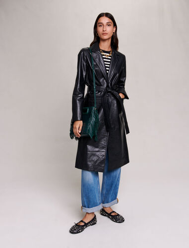 Black leather trench : Coats & Jackets color Black