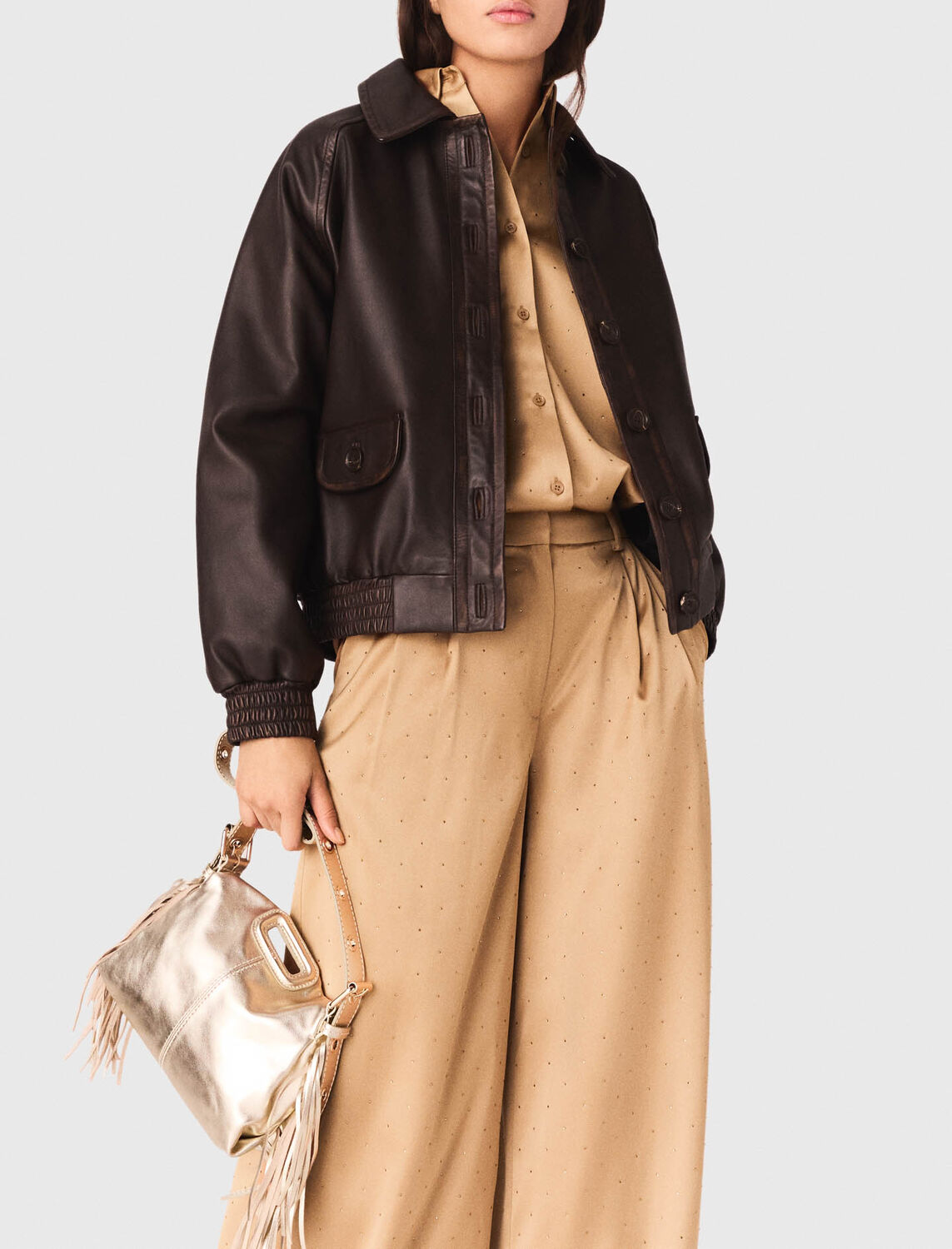 Rhinestone satin trousers : Trousers & Jeans color Caramel