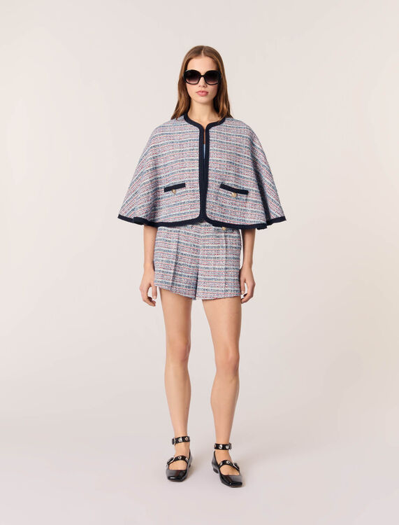 Tweed cape with contrasting trim : Coats color Blue / Red