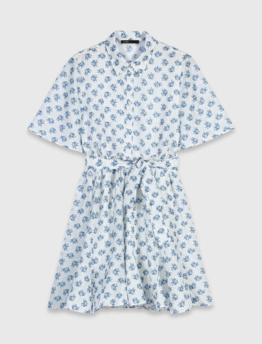 Short patterned linen-blend dress : Dresses color Blue Small Flowers Print