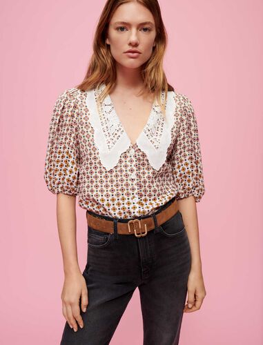 Printed linen shirt, embroidered collar : Shirts color Tiles ecru background