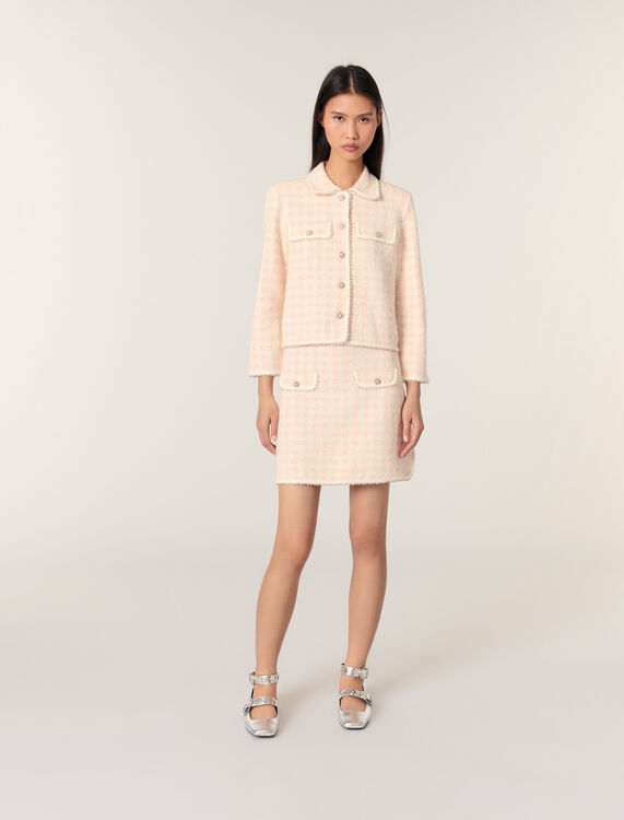 Tweed-effect knit jacket : Sweaters & Cardigans color Pink/Ecru