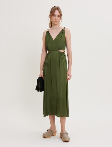 Satin dress with openwork at the waist : Dresses color Khaki
