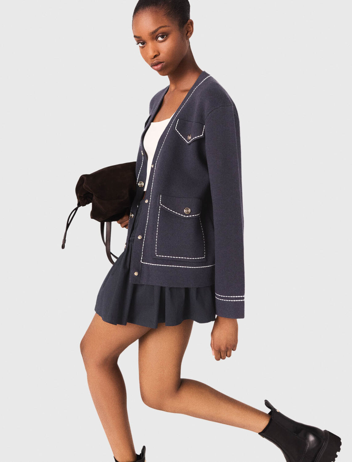 Long topstitched knit cardigan : Sweaters & Cardigans color Navy