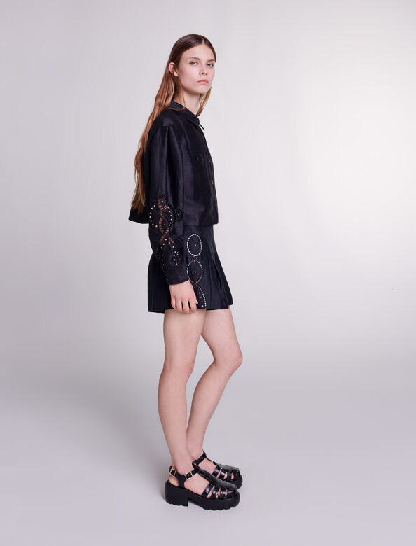 Openwork linen cropped shirt : View All color Black