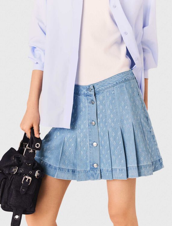 Rhinestone pleated denim skirt - Skirts & Shorts - MAJE
