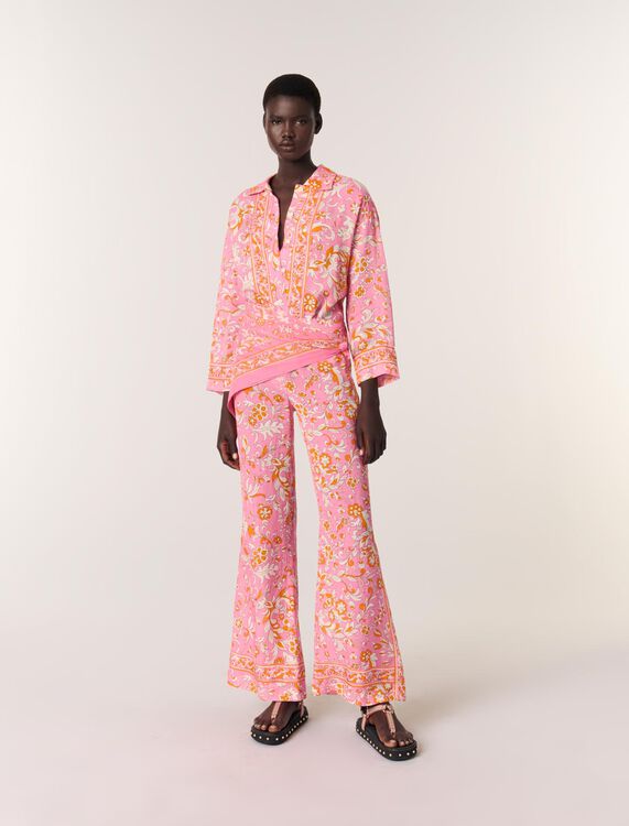 Patterned flowing linen shirt : Shirts color Orange Pink flowers print
