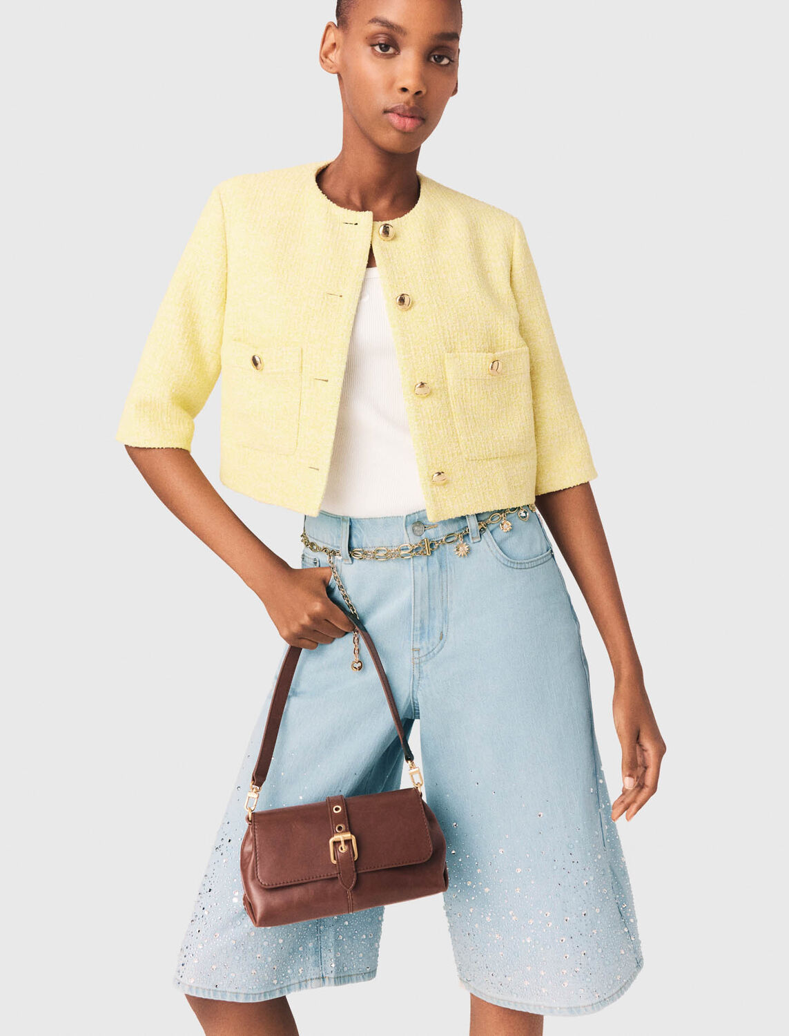 Short-sleeved tweed jacket : Blazers & Jackets color Pale Yellow