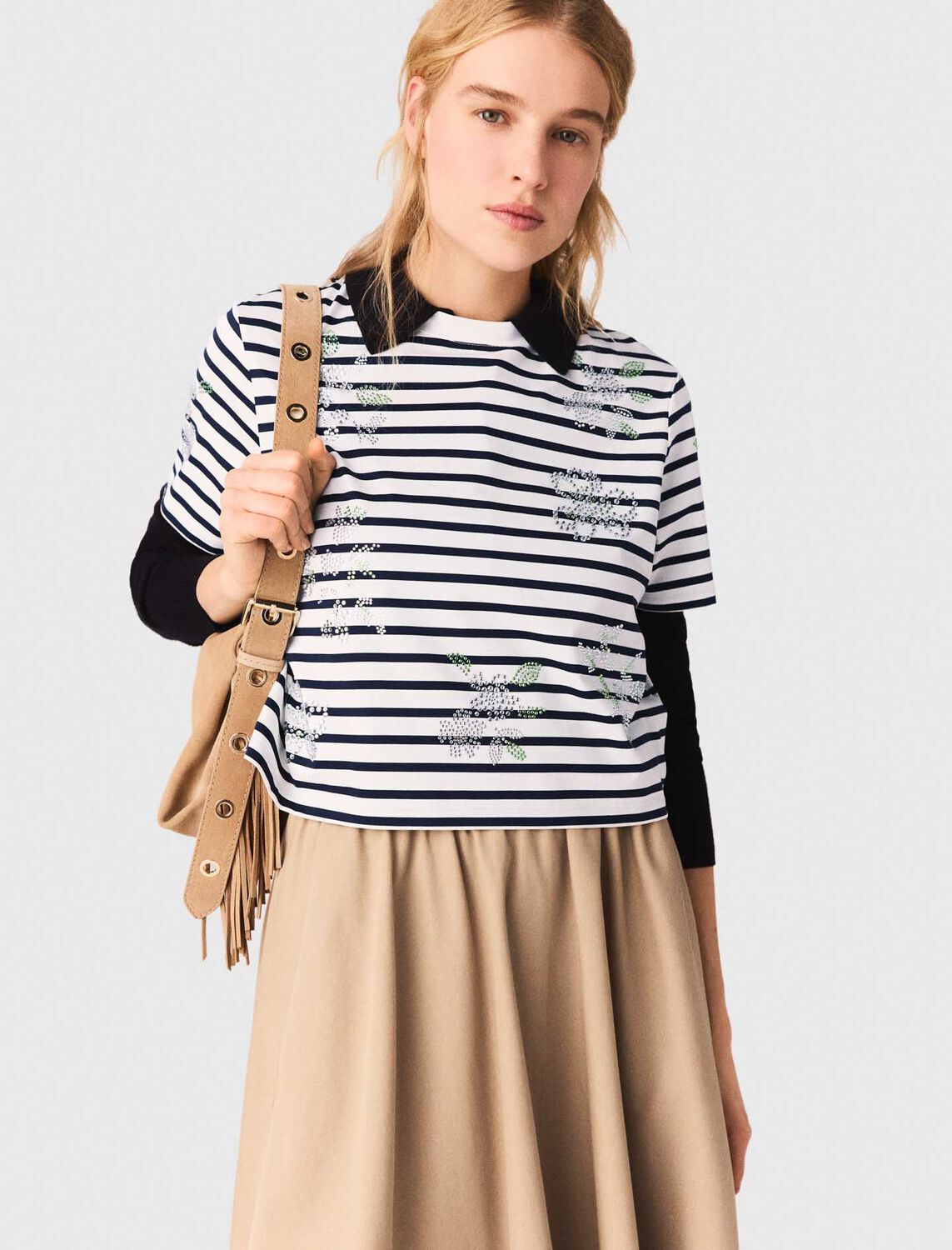 Striped rhinestone flower T-shirt : T-Shirts color White