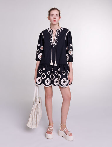 Short embroidered tunic dress : View All color Black