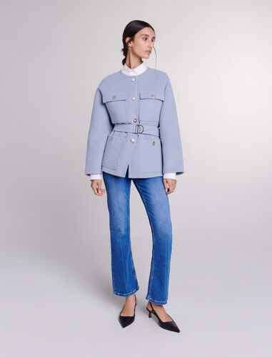 Belted short coat : Coats color Blue