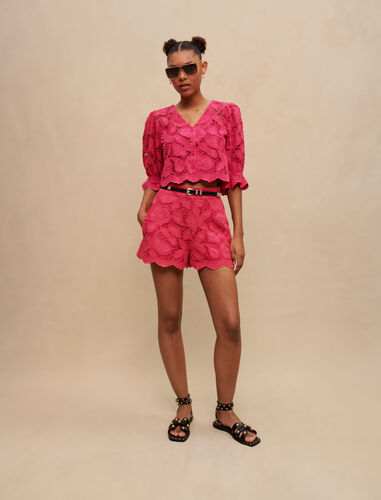 Cropped openwork shirt : Tops color Fuchsia