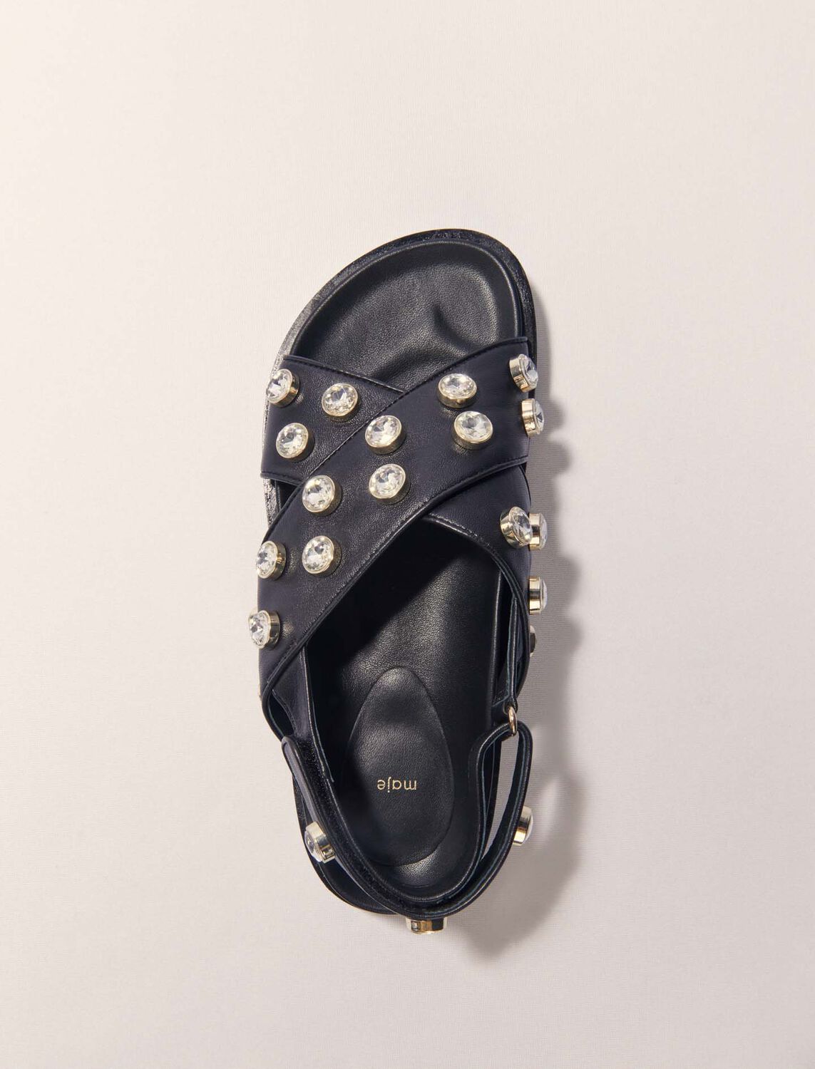 Flat leather and rhinestone sandals : Sling-Back & Sandals color Black