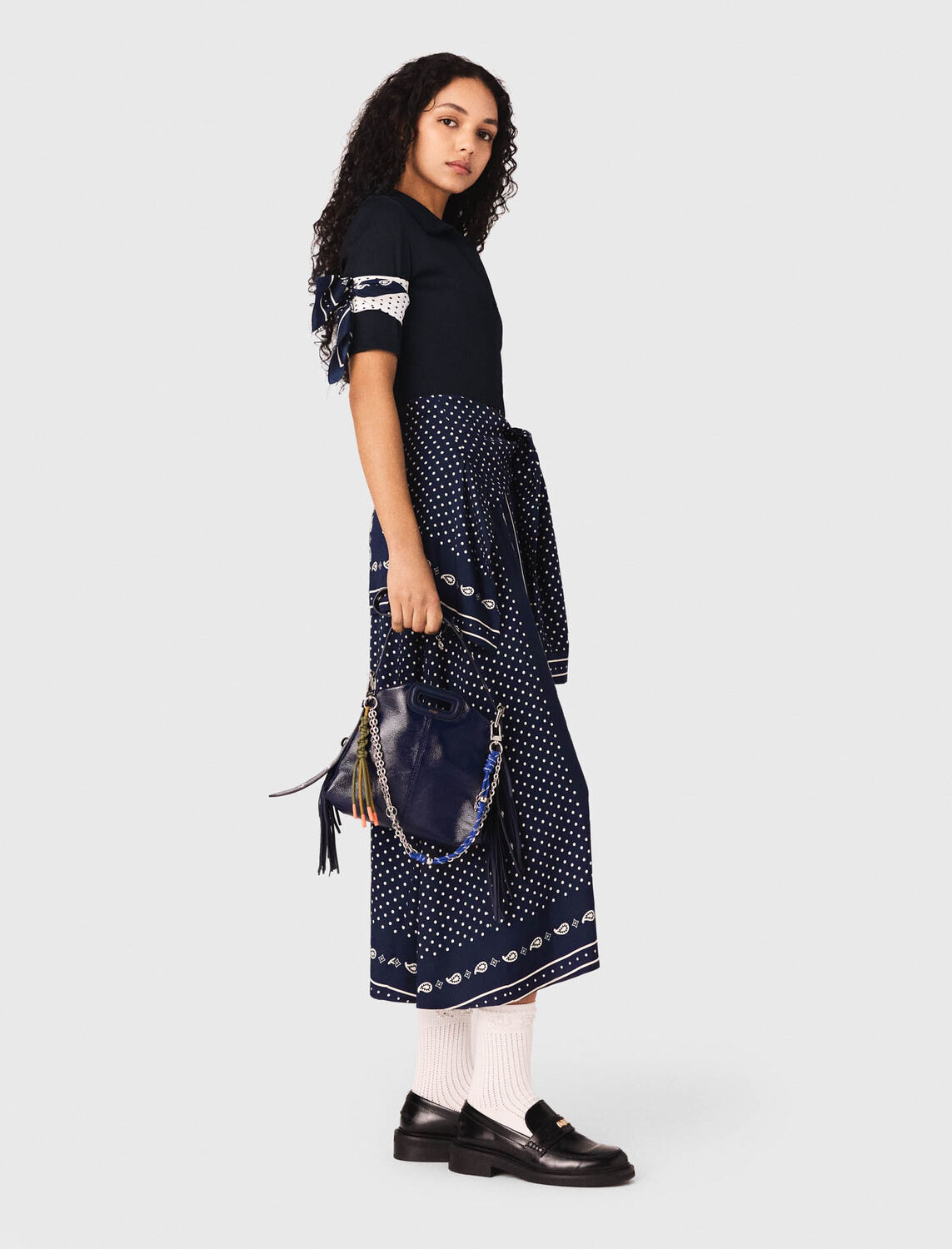 Patterned mixed-material dress : Dresses color Navy Dot Bandana Print
