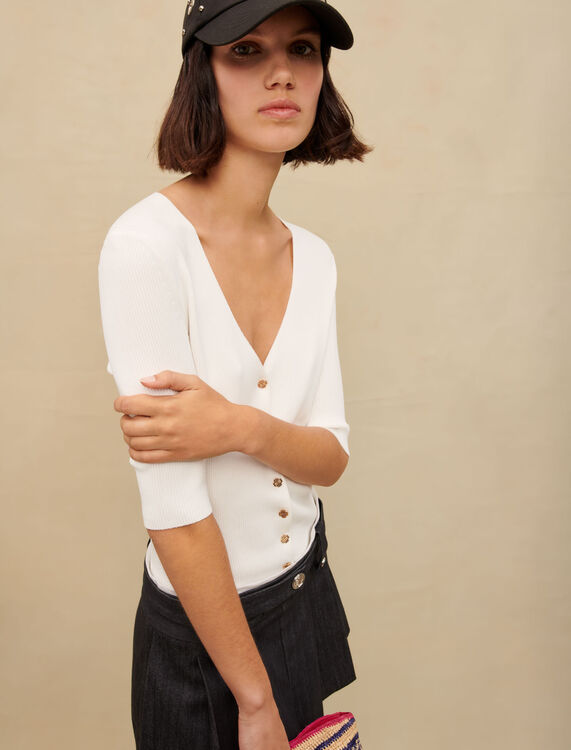 White ribbed V-neck top - Sweaters & Cardigans - MAJE