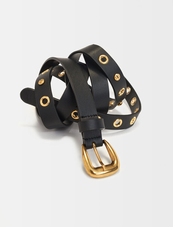Leather double belt with eyelets : Belts color Black