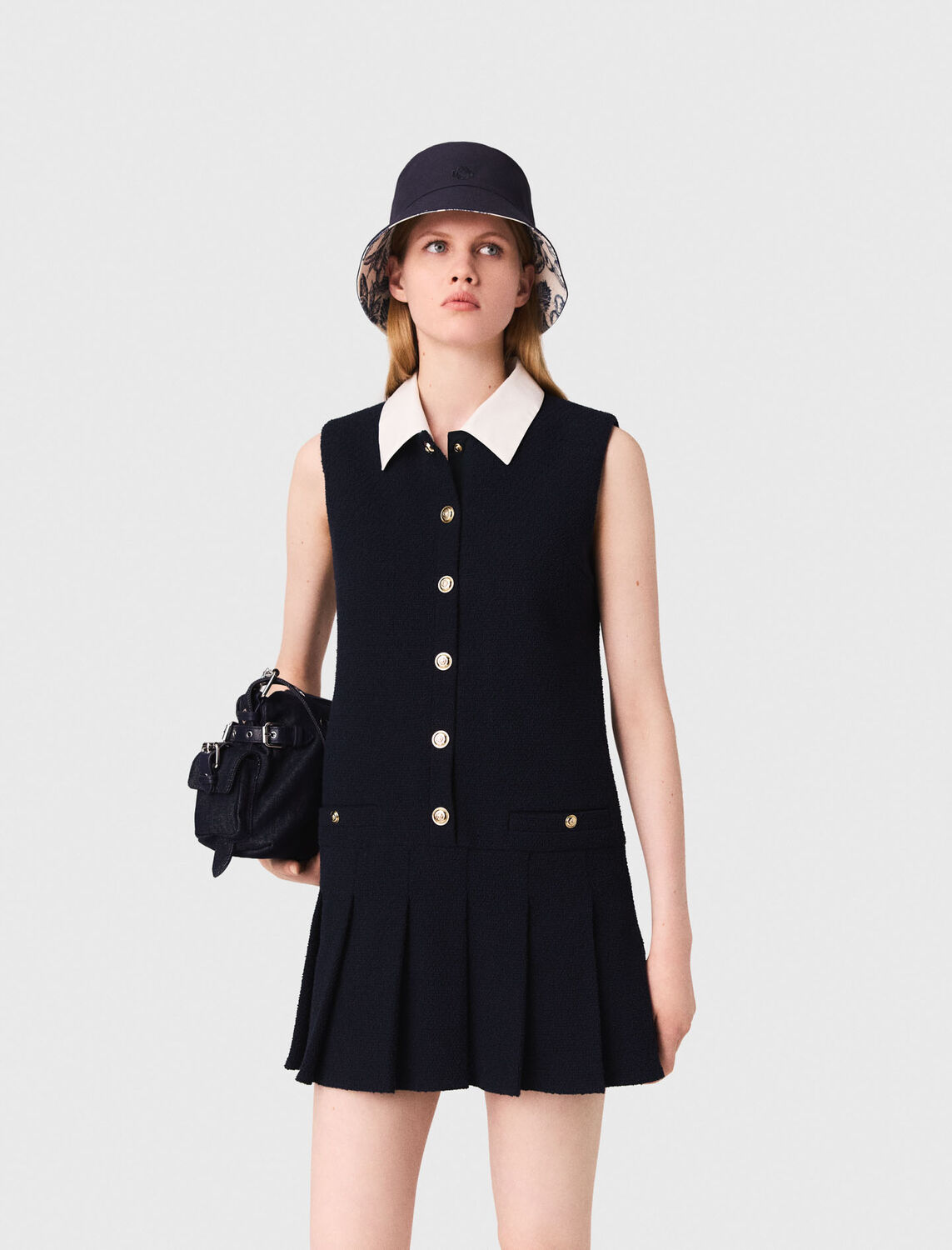 Short tweed dress, removable collar : Dresses color Navy